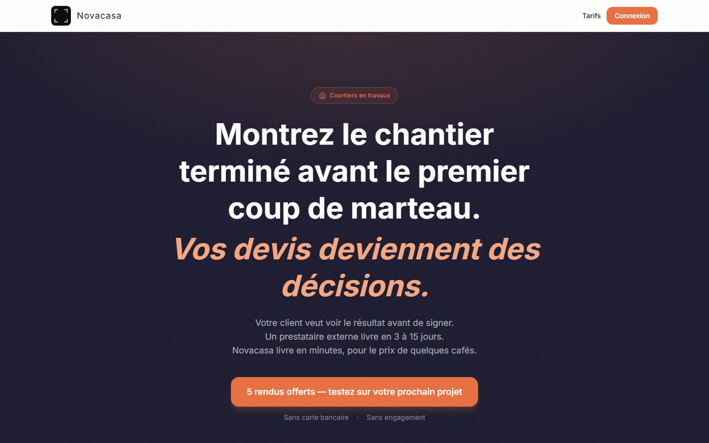 Novacasa — page produit pour courtiers en travaux